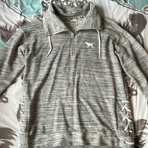 PINK gray quarter zip with white tie details